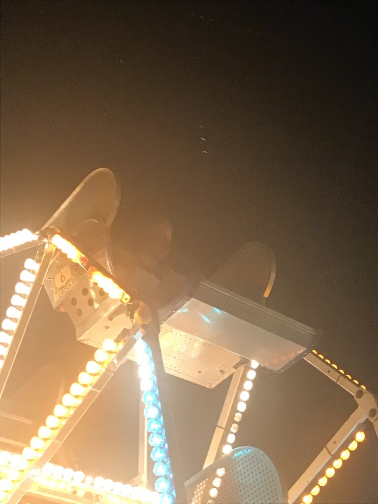 An illuminated amusement ride rises against the night sky.
