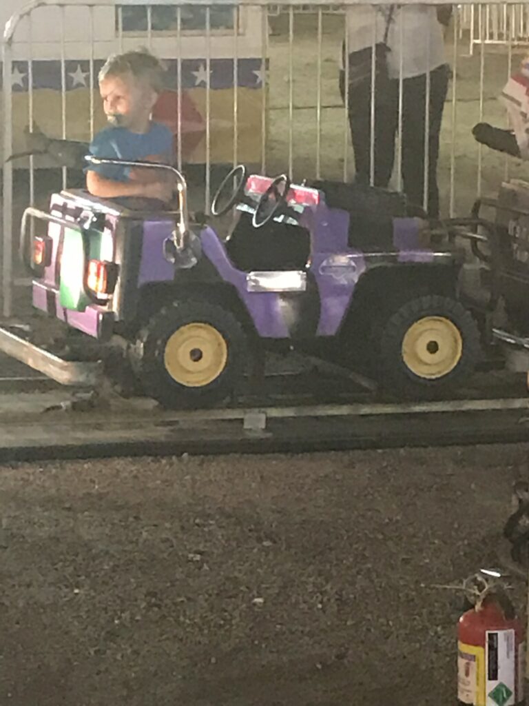 A child in a blue shirt rides in a purple miniature jeep.
